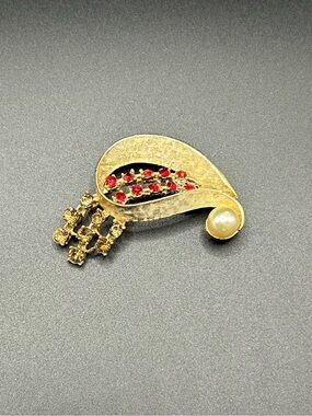 Gold-Tone Red Crystal Pearl Accent Brooch - Women Jewelry